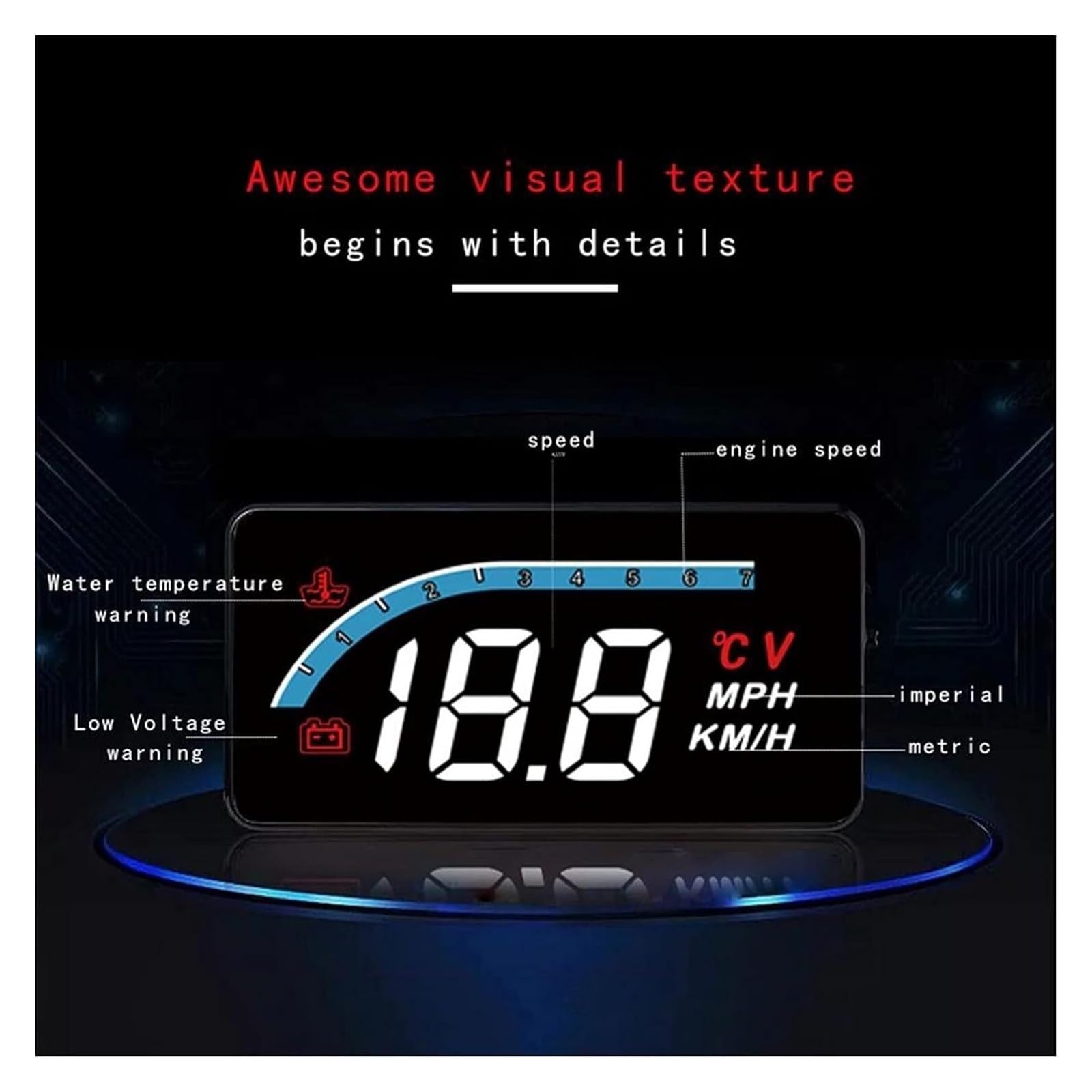 Wyświetlacz Head-Up Display, Wyświetlacz głowy, monitor przekroczenia, prędkościomierz pojazdu, przebieg, wyświetlacz HUD, projektor prędkości samochodu
