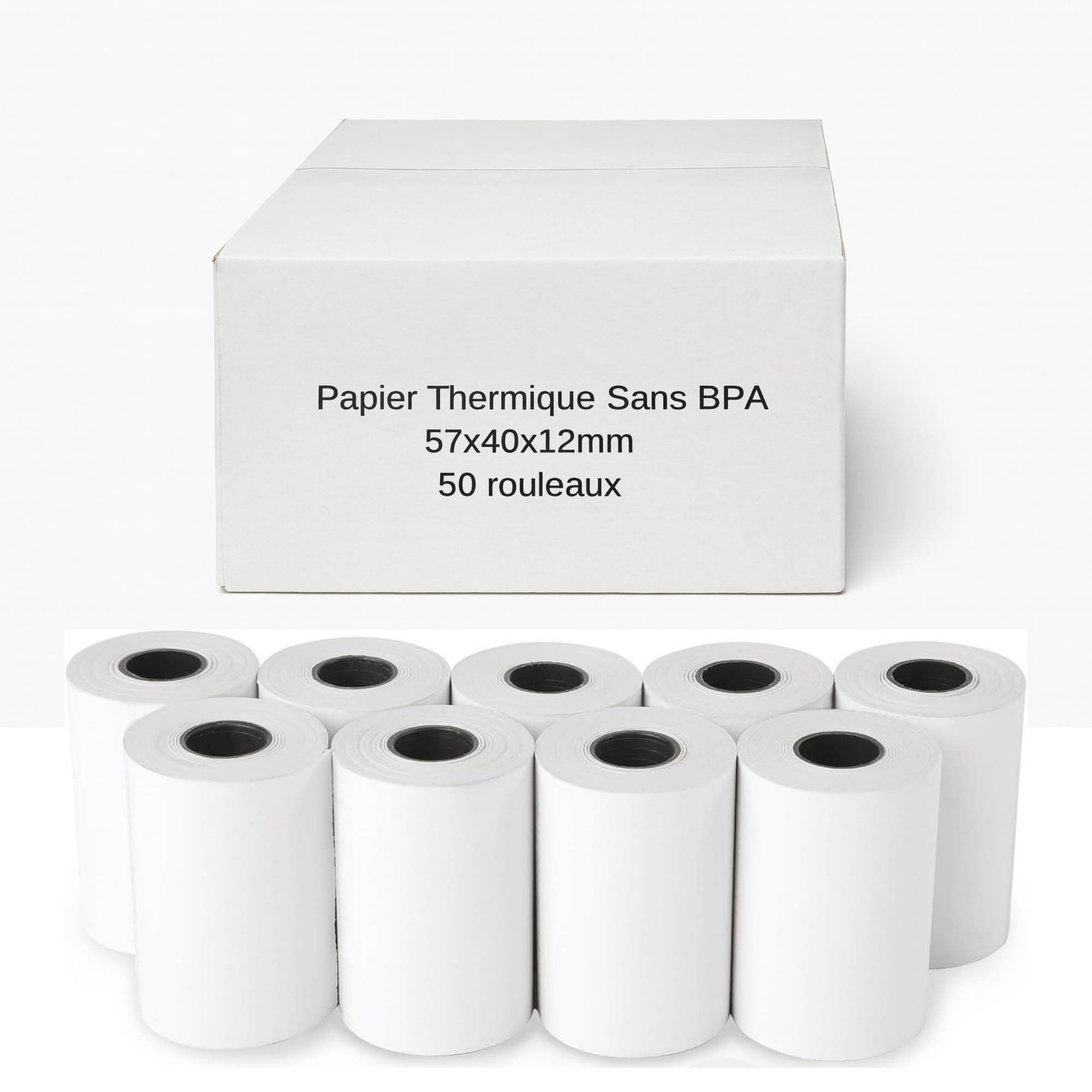 Rolki papieru termicznego bez BPA 57 x 40 x 12 mm - 18 m - 55 g/m² - Zestaw 50 sztuk - szpule CB/TPE - druk w wysokiej rozdzielczości do terminali płatniczych