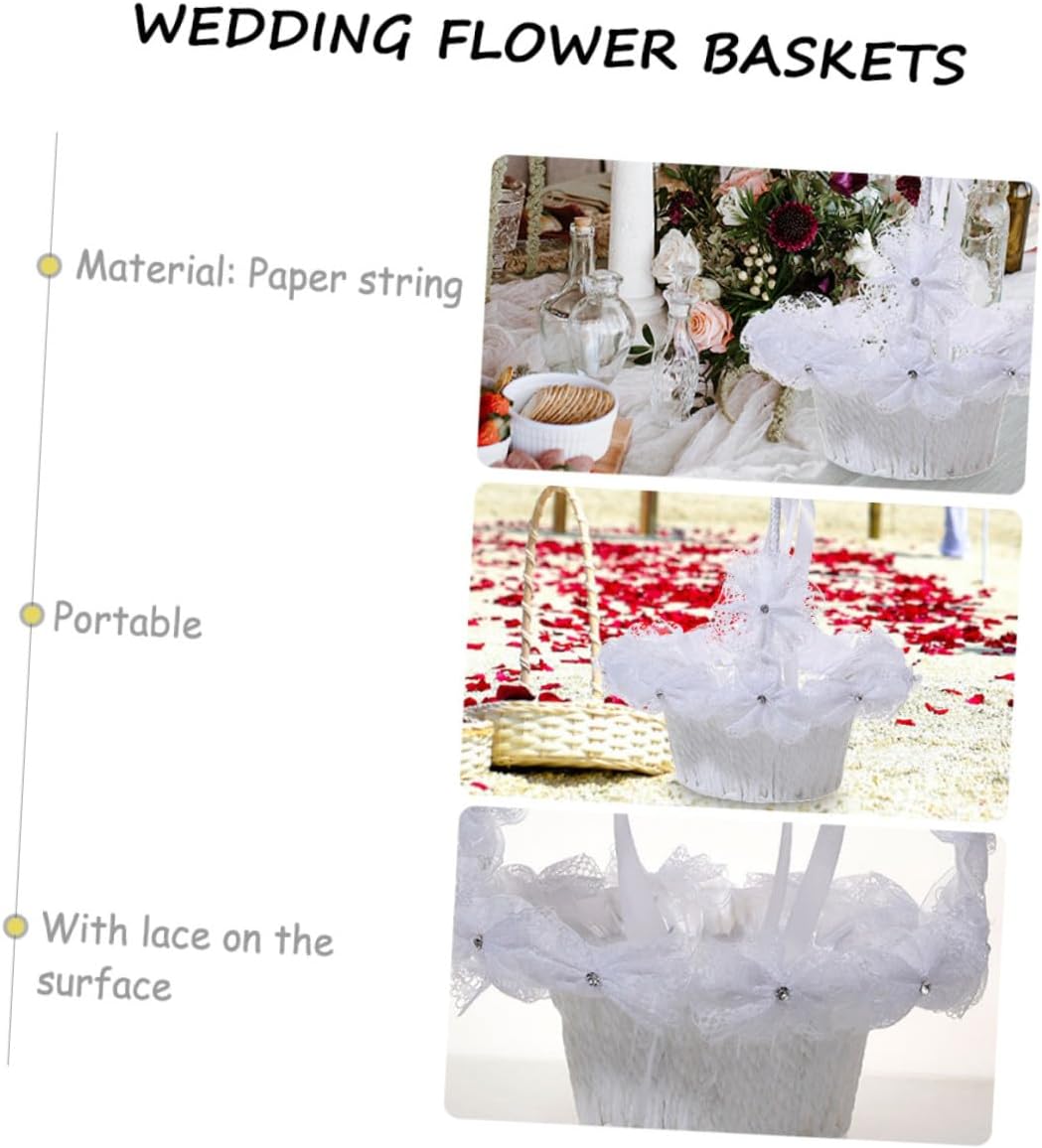 GLEAVI Pearl Rhinestone Bowknot Flower Girl Basket White Wedding Supply Portable Decorative Basket for Bridal Shower Ceremony Event