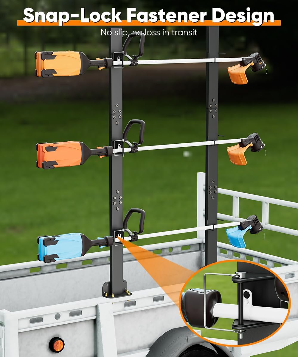 Mondazie 3 Place Weed Eater Rack for Trailer, Utility Open Trailer Trimmer Racks with Lockable Snap Buckle Mount On Landscape Truck Trailer, Weedeater Rack Holder with L-Shaped Base for Lawn Equipment