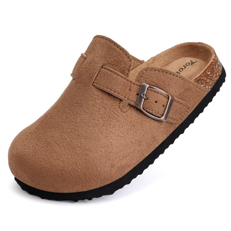 Image of Torotto Kids Suede Clogs Cork Footbed Toddler Slippers with Arch Support & Adjustable Straps for Boys Girls Indoor & Outdoor