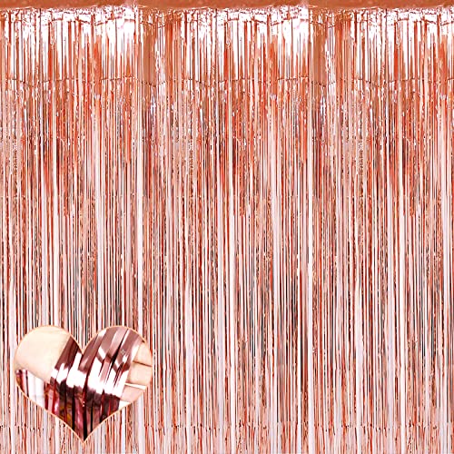 Image of 4 Pack Rose Gold Fringe Curtain Backdrop, 3.2Ft x 9.8Ft Metallic Tinsel Foil Fringe Streamers Background for Photo Booth Birthday Wedding Baby Shower Carnival Easter Mother's Day Party Decorations