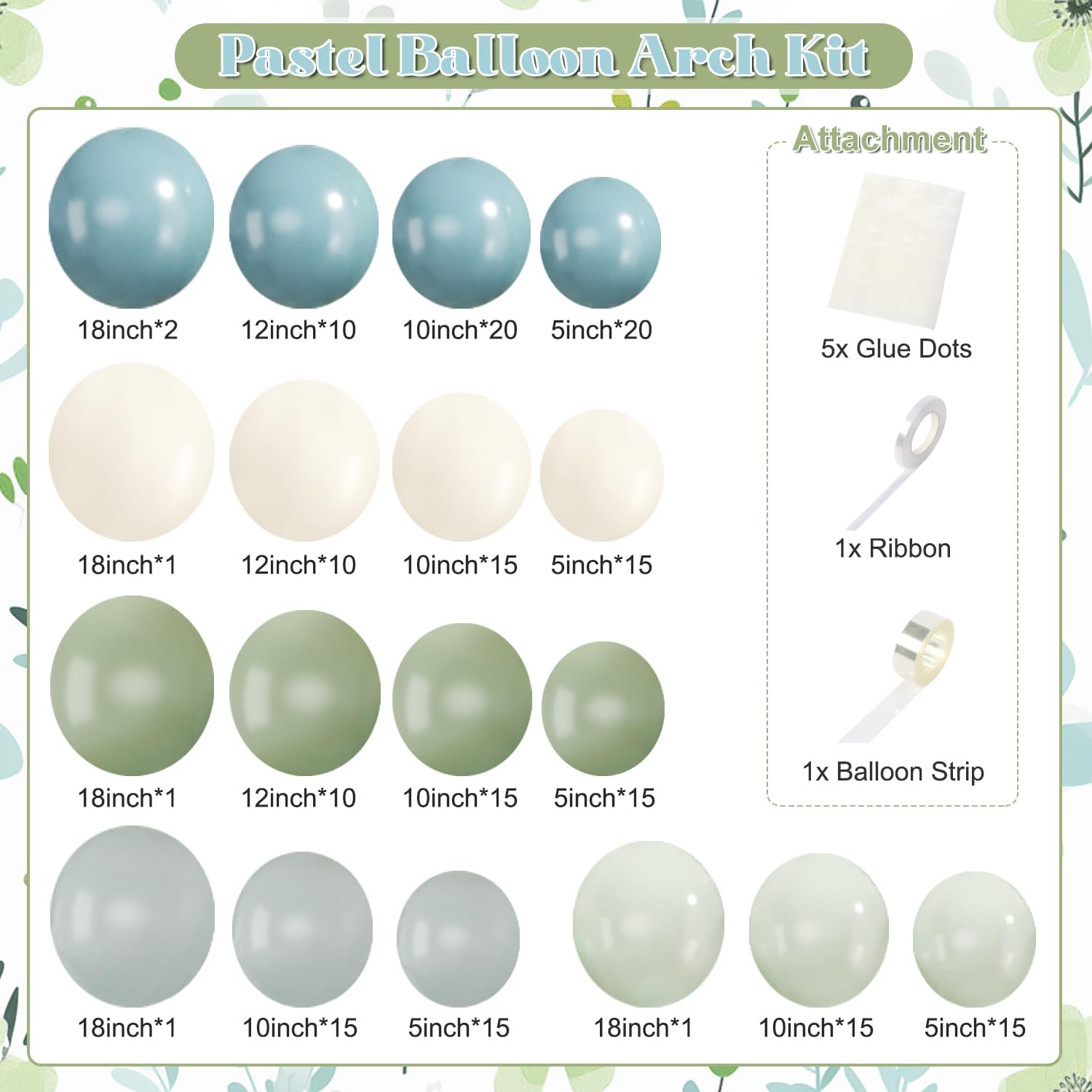Dusty Blue Sage Green Balloon Arch Kit, 124Pcs Dusty Light Macaron Blue Sage Green and Sand White Pastel Balloons Garland Arch Kit for Birthday Baby Shower Wedding Boho Bridal Shower Party Decorations