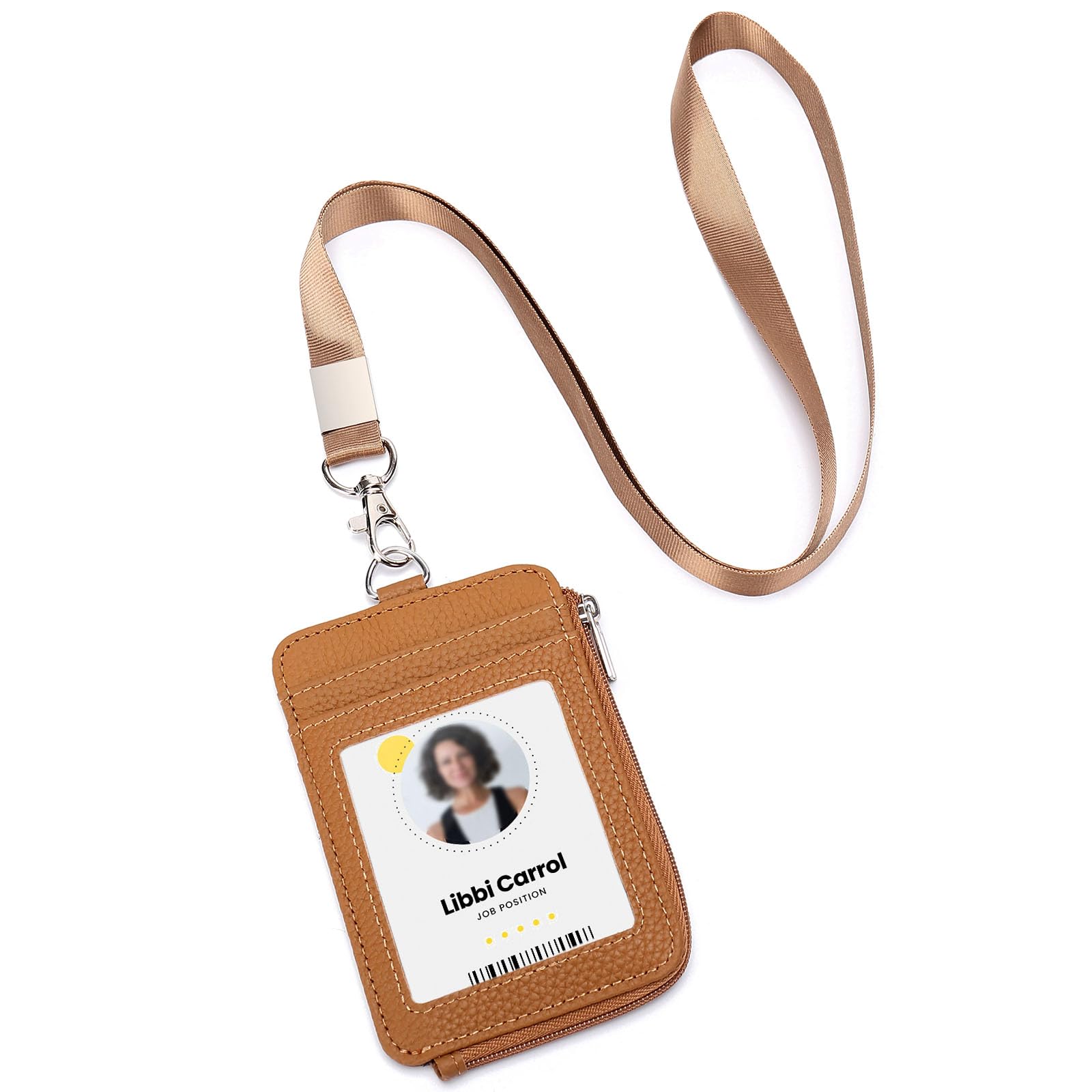 Badge Holder – Genuine Leather ID Badge Holder with Zipper Pocket and Nylon Lanyard – Perfect for Badges, Cards, and More