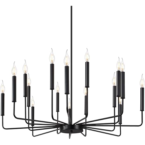 Qamra Farmhouse Black Chandelier for Dining Room, 16-Light Modern Candle Chandelier Light Fixture, Rustic Industrial Chandeliers Lighting for Living Room, Kitchen, Staircase, Entryway, UL Listed