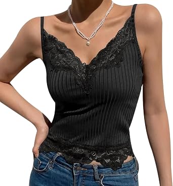 Lace Camisole Tank Tops for Women Soft Stretch Ribbed Cotton Cami Tank Undershirt Tops