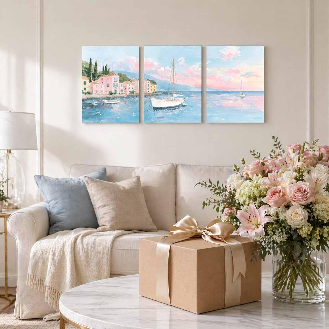 Coastal Canvas Wall Art Set of 3, Pink Blue Seascape Boat Painting, 12x16 Inch Framed-Free Canvas Prints, Pastel Ocean Landscape Wall Decor for Living Room Bedroom Bathroom(Creamy Pink Blue)