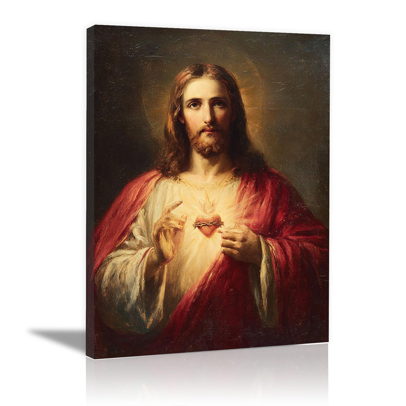 QUSAAOU Canvas Wall Art Jesus Classic Sacred Heart Painting icture Christianity Cross Poster Print Painting for Living Room Bedroom Prayer Room Home Decorate(sepia red)-50x70cm Framed