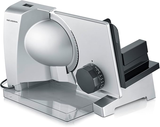 Severin Allesschneider für Brot oder Aufschnitt, Brotschneidemaschine mit stufenlos einstellbarer Schnittstärke, 0-23 mm, deutsche Qualität, Aufschnittmaschine mit Metallgehäuse, 130 W, grau, AS 3917