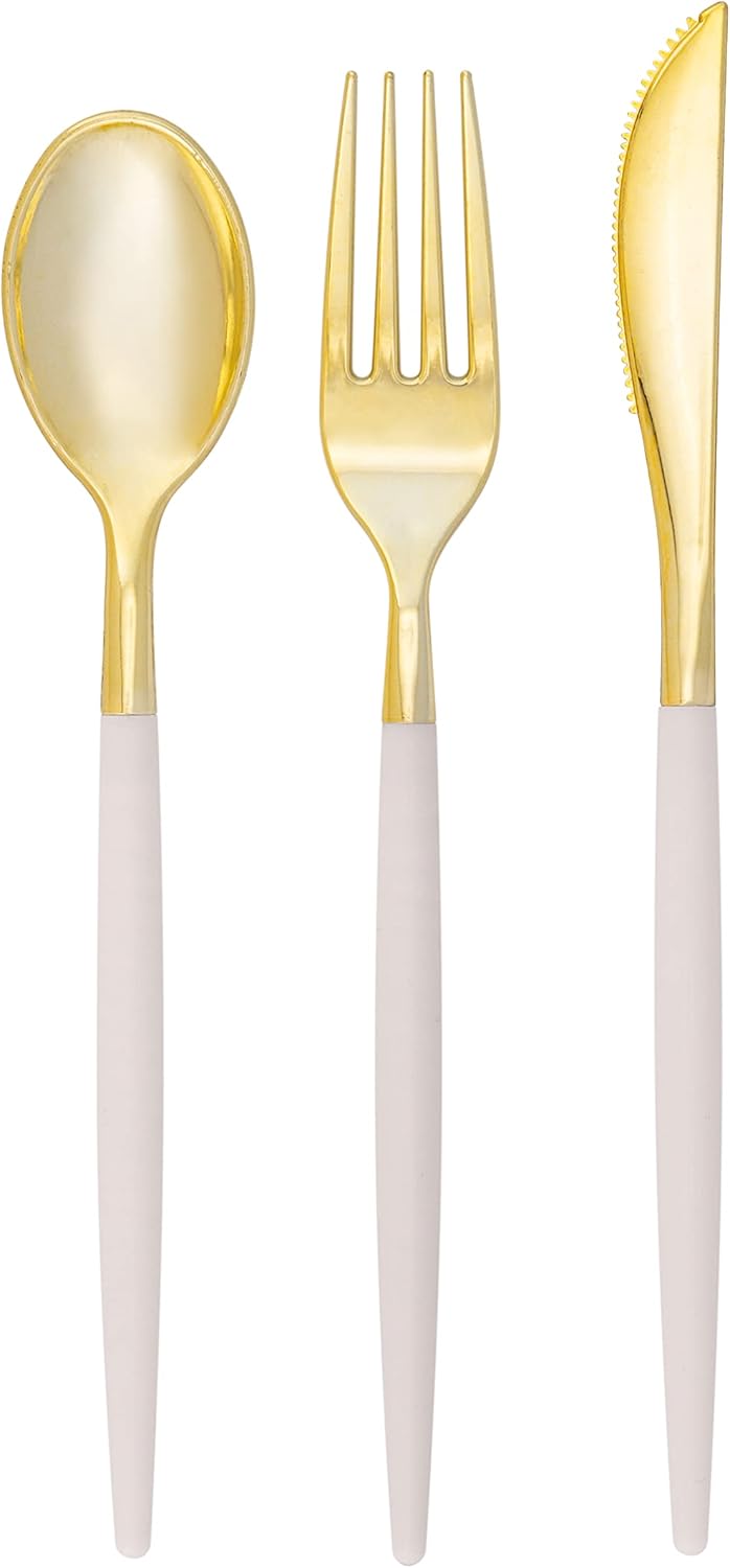 Luxe Party 128 Pieces Two Tone Plastic Disposable Cutlery | Forks-Spoons-Knives | Full Size | Chic Round | White and Gold