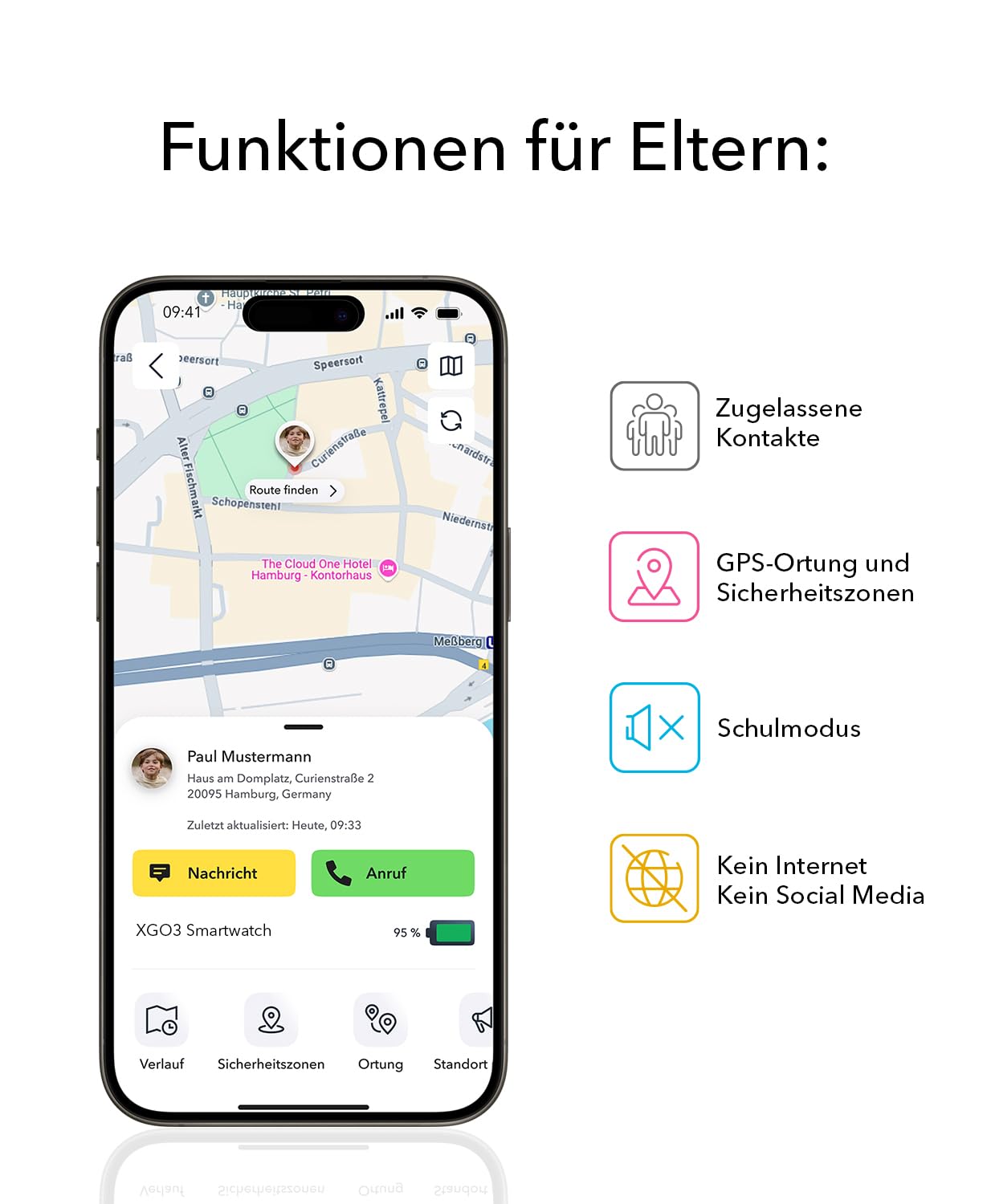 XPLORA XGO 3 wasserdichte Kinder Telefon Uhr 4G Anrufe Nachrichten Schulmodus SOS GPS Kamera Schrittzähler 2 Jahre Garantie SCHWARZ
