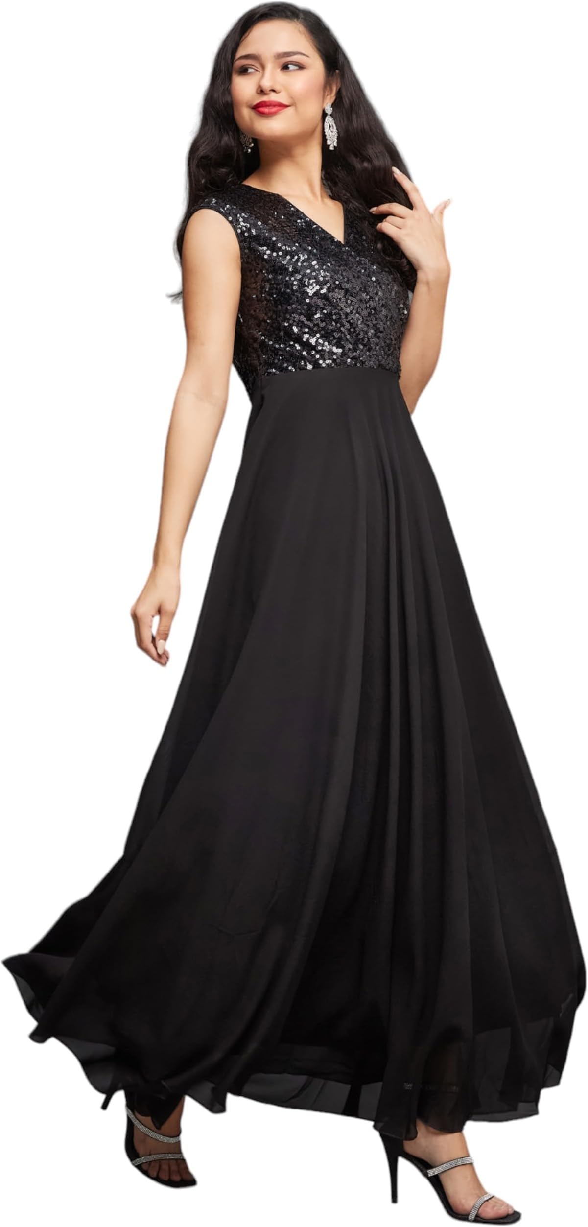 Women's Round Neck Sleeve Embellished Fit Flare Maxi Dress