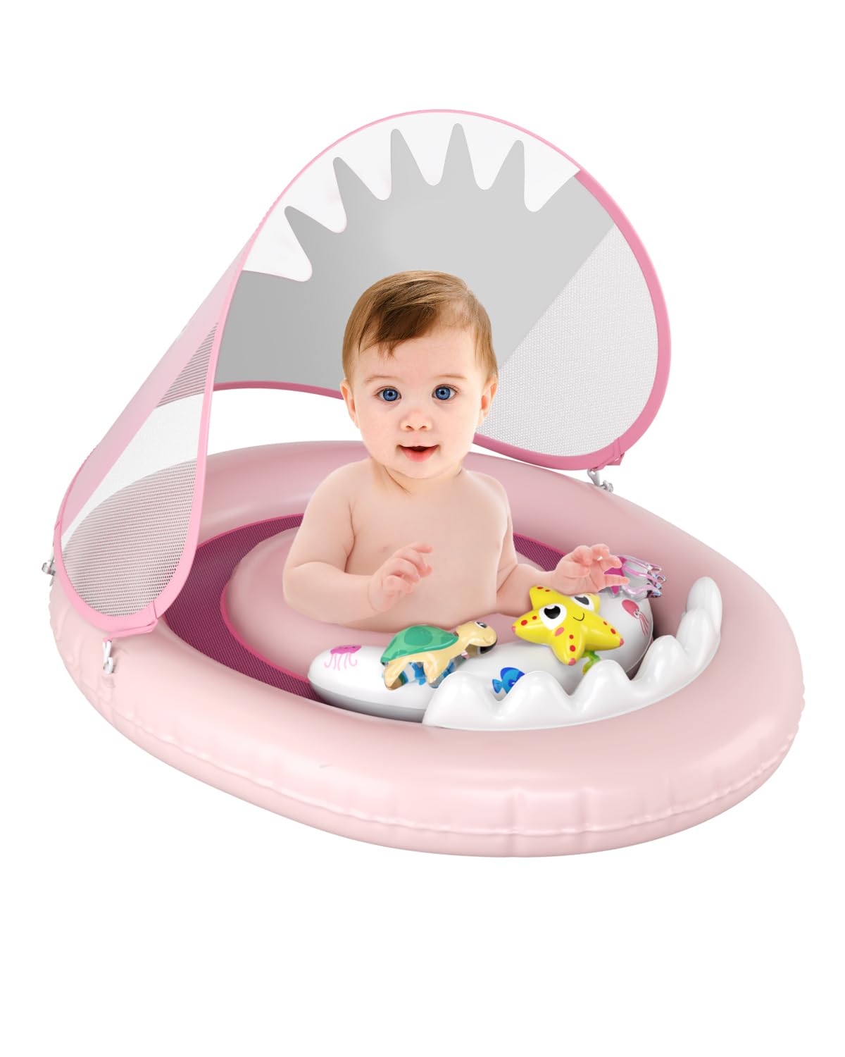 SANOTO Flotador Bebe con Sombrilla | Flotador Bebe 1 año,Piscina Bebe con Juguetes Vocales, Flotador para Bebe Doble Airbag Lateral Ensanchable,Flotador bebé Inflable Flotador Bebe 6 Meses~36meses