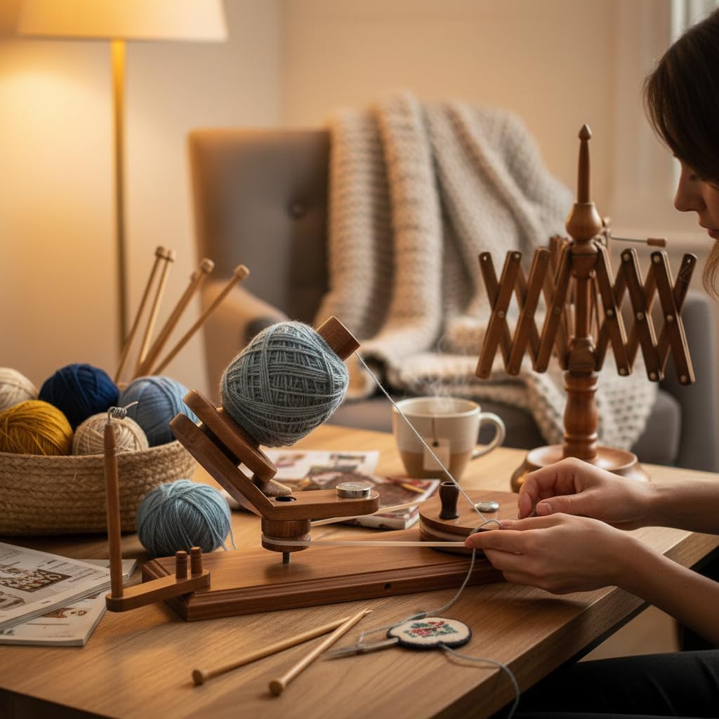 Beechwood Yarn Swift and Ball Winder Combo, Wooden Umbrella Swift Set with Hand Operated Yarn Winder, Knitting & Crochet Wool Winding Tool, Table Clamp, Natural Wood Finish