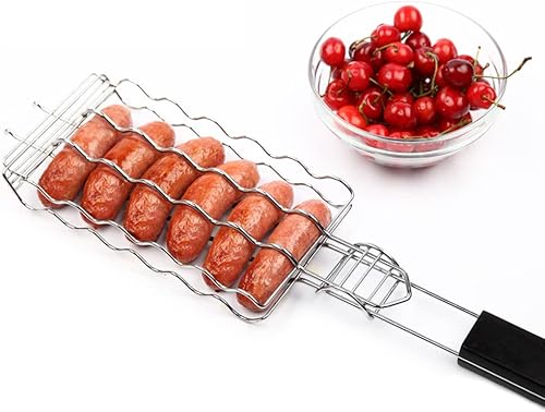 Miniatura 6 de Cesta plegable portátil de acero inoxidable para salchichas, parrilla de barbacoa, soporte de clip de malla para 6 perros calientes, herramientas