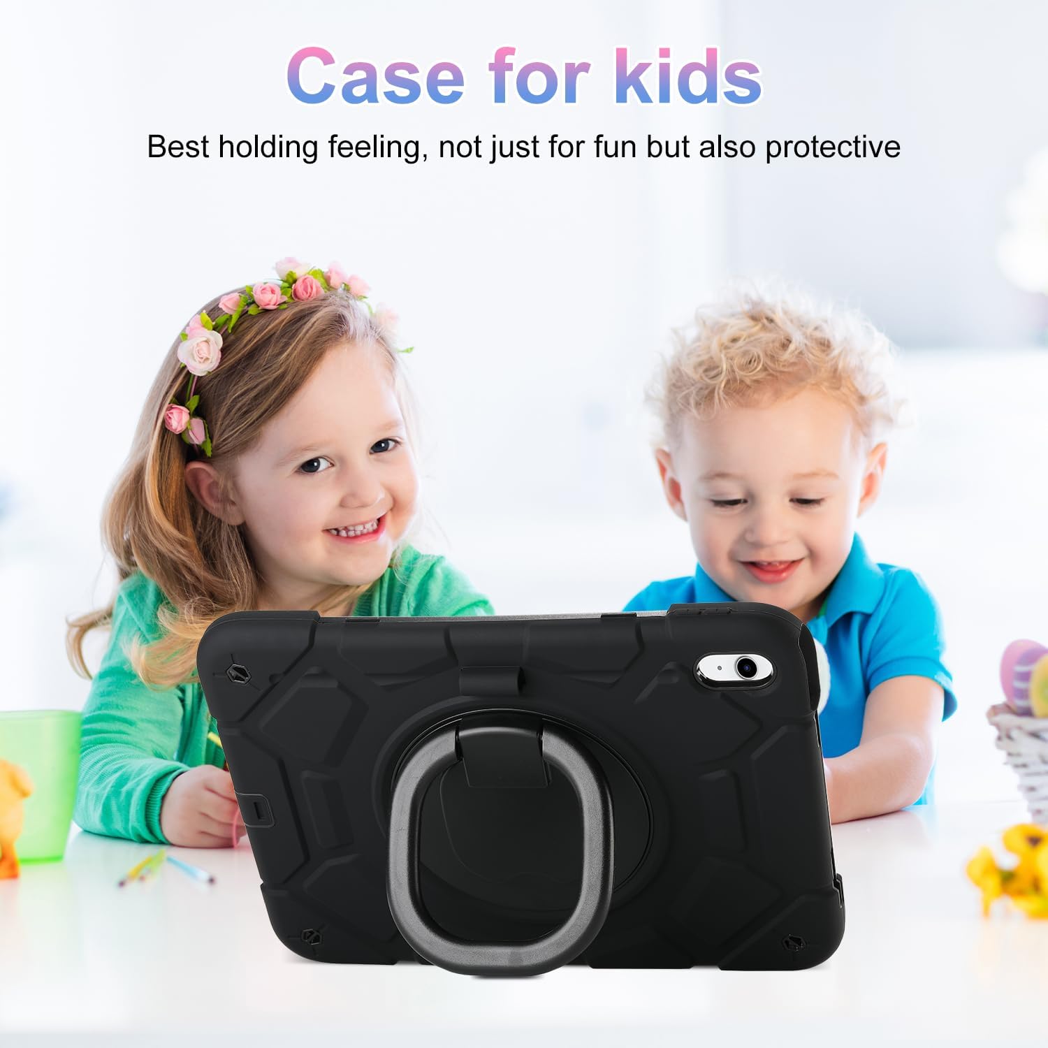 for iPad (A16) 11th Generation case 11''(2025)/10th Generation case 10.9''(2022),360°Rotatable Stand with [Pencil Holder&Shoulder Strap] Heavy Duty Shockproof Protective Silicone Case (Black)