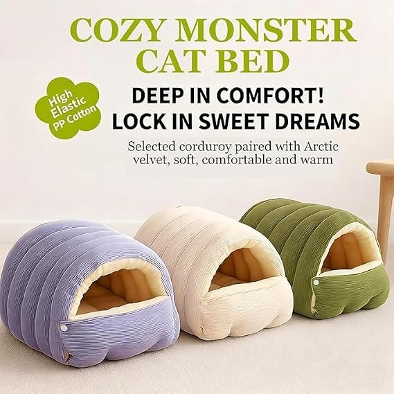 Cozy Monster Cat Bed, New Winter Warm Cat House, Cat Beds for Indoor, Removable and Washable Dual-Purpose cat and Small Dog nests, Cozy Warming Anti-Slip Fluffy Pet Bag (Beige,Medium)