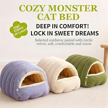 Cozy Monster Cat Bed, New Winter Warm Cat House, Cat Beds for Indoor, Removable and Washable Dual-Purpose cat and Small Dog nests, Cozy Warming Anti-Slip Fluffy Pet Bag (Beige,Medium)