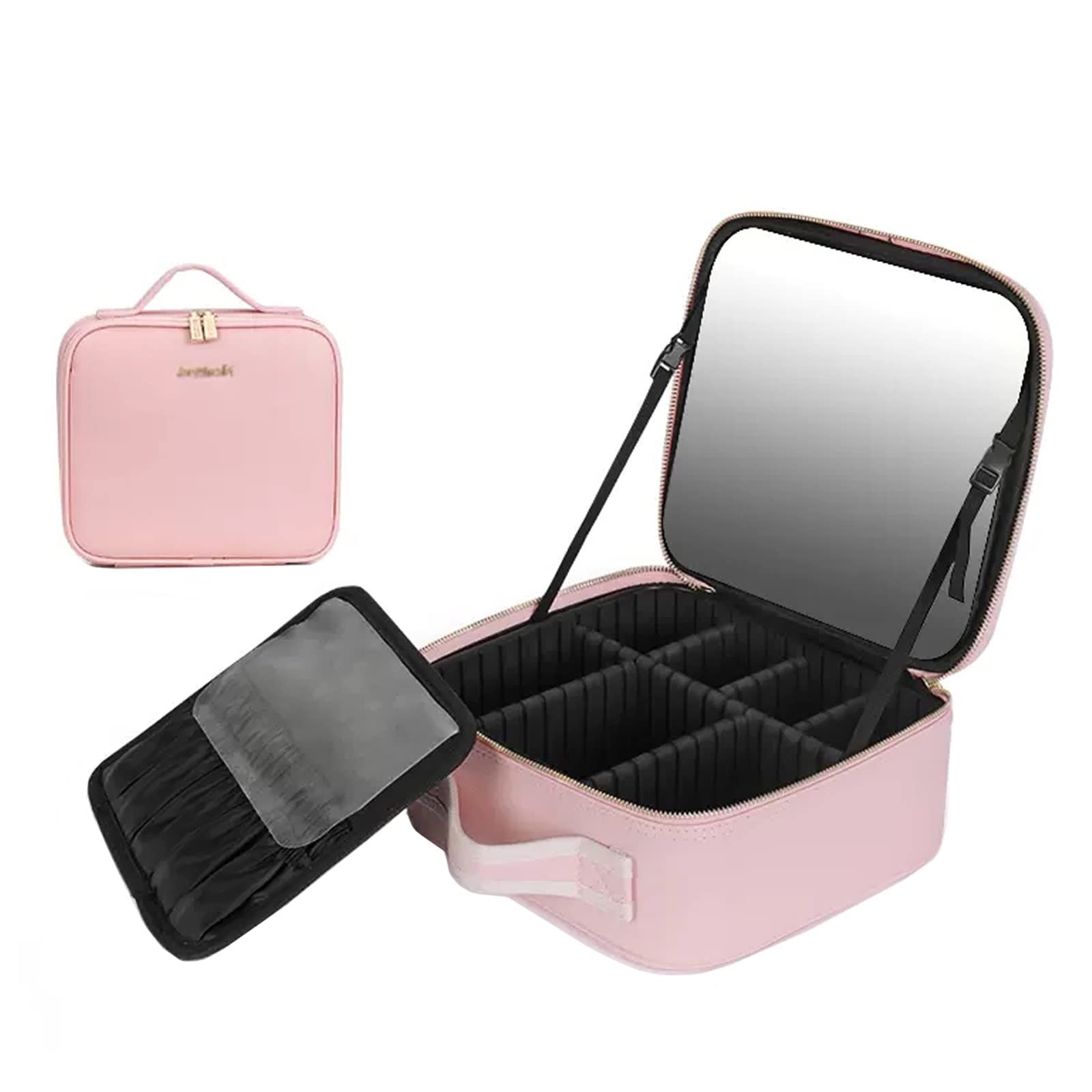 Malette Maquillage avec Miroir Beauty Case de Voyage Noir Rose 26cm