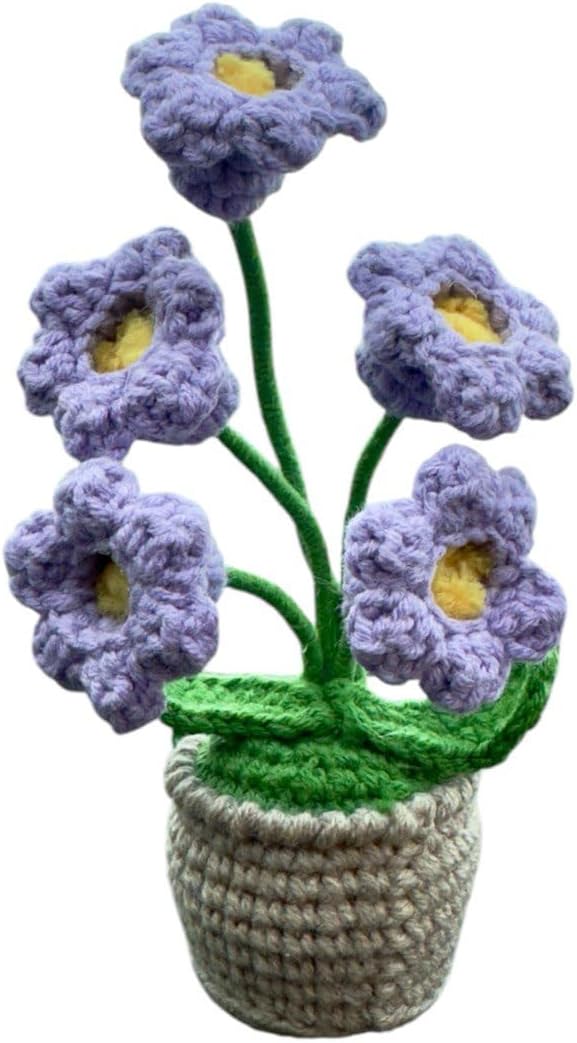 Mini Crochet Bellflower Potted Plant, Hand Knitted Violet Flower for Bathroom Home Kitchen Rustic Table Centerpiece Shelf Decor Car Dashboard Decor, Crochet Potted Plant Car Accessories, Boho Car Accessory for Women, Cute Car Accessories Interior (Violet flower)