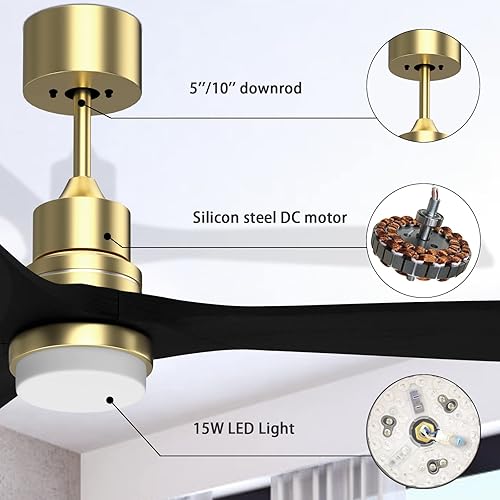 Miniatura 5 de Obabala Ventilador de techo negro de 52 pulgadas con control remoto de luces 3 cuchillas de madera de nogal negro 6 velocidades motor CC silencioso