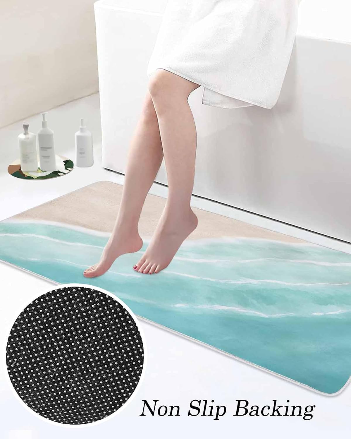 Summer Green Beach Wave Kitchen Mats Set of 2 Coastal Nautical Watercolor Gradient Ocean Non Slip Mat Washable Floor Rug for Kitchen Sink Floor Laundry, 15.7"x23.6"+15.7"x47.2"