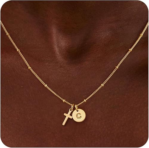 Turandoss Cross Initial Necklaces for Girls, 14K Gold Plated Disc Initial C Cross Pendant Necklace Trendy, Birthday Jewelry Gifts for 5 6 7 8 9 Years Old Girls
