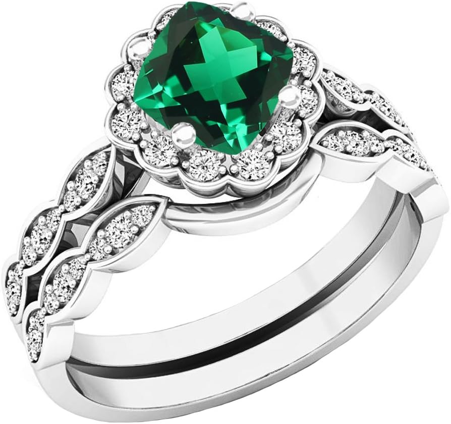 Dazzlingrock Collection 14K 5.5 MM Cushion Lab Created Gemstone & Round Diamond Ladies Halo Engagement Ring Set, White Gold
