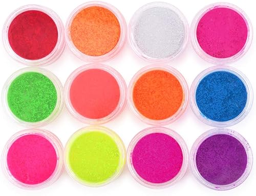 Vista 13 de Polvo que brilla en la oscuridad, 24 frascos de pigmento luminoso en polvo de fluorescencia nocturna, 12 colores, resina epoxi luminosa, polvo de 24