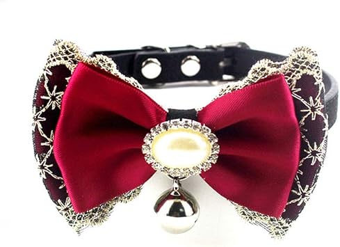 Bling Rhinestone Lace Bow Tie Cat Dog Collar with Bell for Small Dogs Female Kitten - Chihuahua Yorkie Clothes Accessories Costume Outfits, Adjustable and Handmade Red Lace, Size S