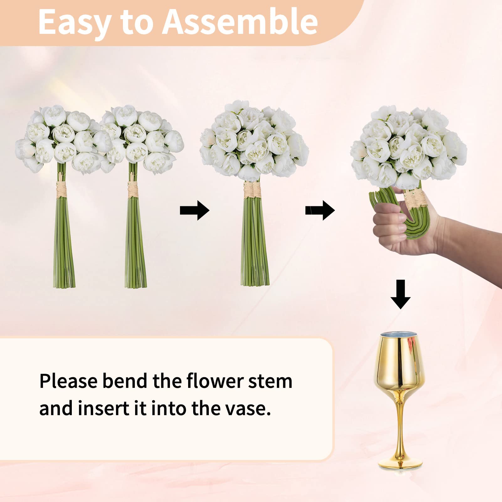 NUPTIO Piccolo Vaso di Vetro con Fiori: 2 Set 21cm Vasi D'oro con Fiori Artificiali Bianchi per Centrotavola Matrimonio, Finta Peonia Composizione Bouquet per Festa Compleanno Decorazioni per Casa