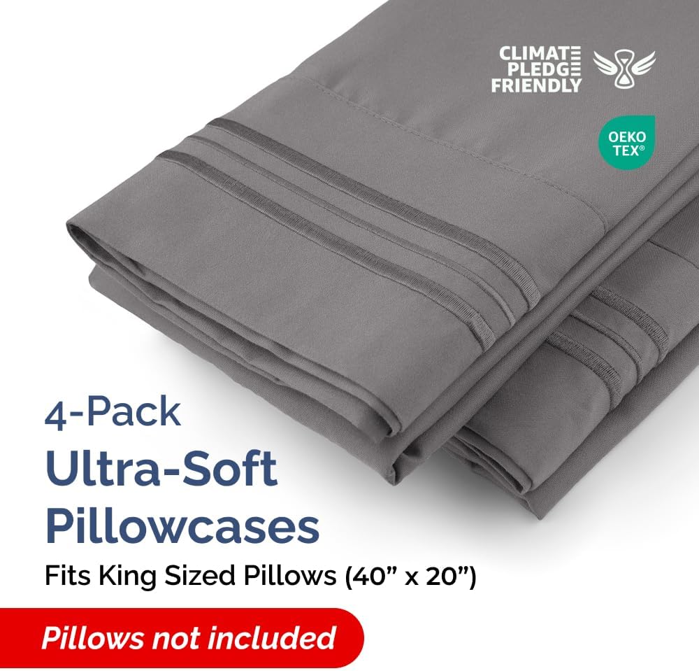 King Pillow Cases Set of 4 - Ultra Soft Cozy Pillowcase Covers - Dark Grey image 2