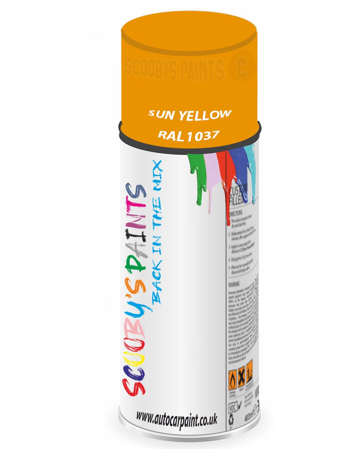 SCOOBYS PAINTS BACK IN THE MIX RAL1037 Sun yellow 400ML Aerosol Spray Paint RAL Colour Can Gloss Shinny Finish DIY Indoor/Outdoor Wood Plastic Metal Heat Resistant Steel