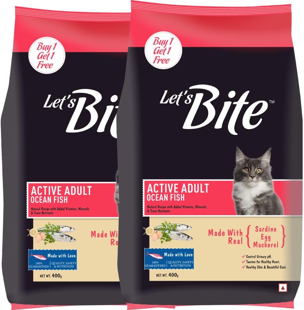 Let's Bite Active Adult Dry Cat Food (400g + 400g), Total 800g Pack | Ocean Fish Flavour | Healthy Skin & Shiny Coat | Taurine for Heart