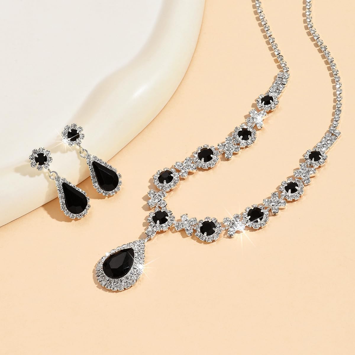 Rhinestone Waterdrop Bridal Necklace Earring Set for Women Silver Crystal Wedding Choker Necklace Geometry Teardrop Dangle Drop Earrings Wedding Party Prom Jewelry Set for Bridal Bridesmaid (Black) - Image 4