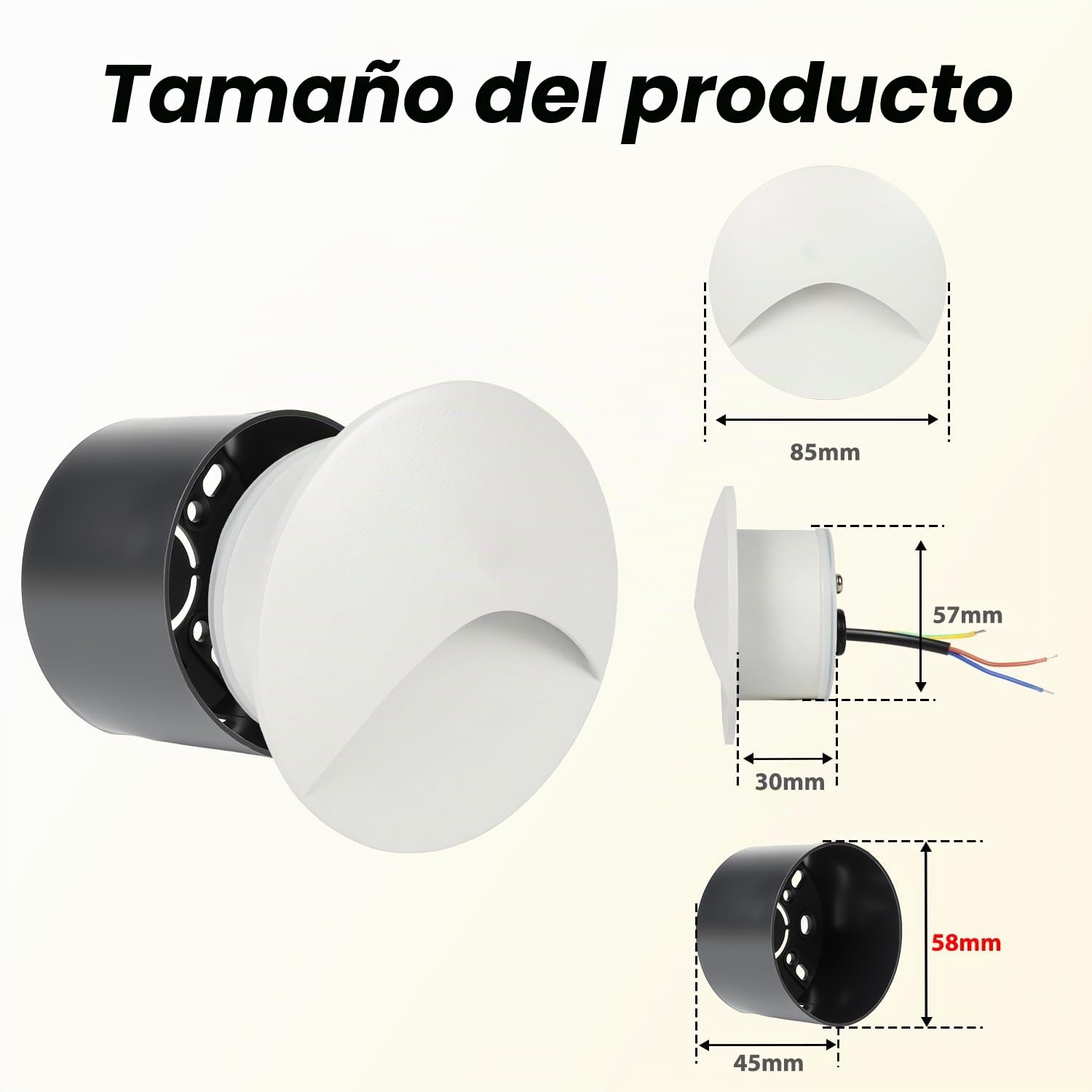 iluminacion escalera 3W Blanco cálido, Luces Empotrables luz led escaleras, 60mm, aluminio, redondas, 230V, 3W, Apliques de pared de Luces de escalera IP44, Blanco, Juego de 8 lámparas