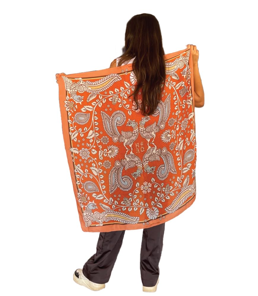 India Kalamkari Designer Print Silk Scarf – Large Elegant Silk Square Orange Scarf for Women