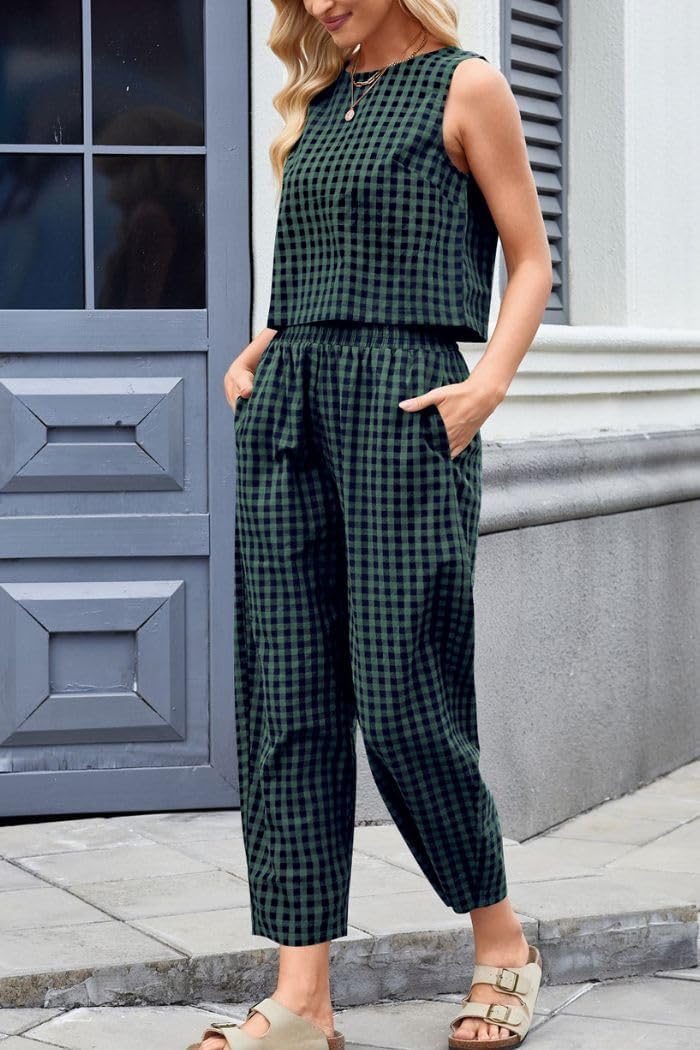 Women's 2 Piece Lounge Outfits Plaid Sleeveless Tank Tops Pullover High Waist Wide Leg Barrel Pants Tracksuits - Image 3