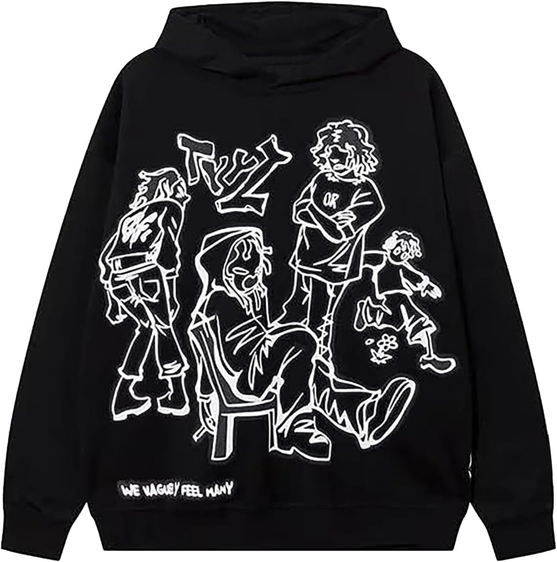 EUDOLAHMen and Women Unisex Y2K Character Graffiti Graphic Print Oversized Hoodie Long Sleeve Hiphop Sweatshirt