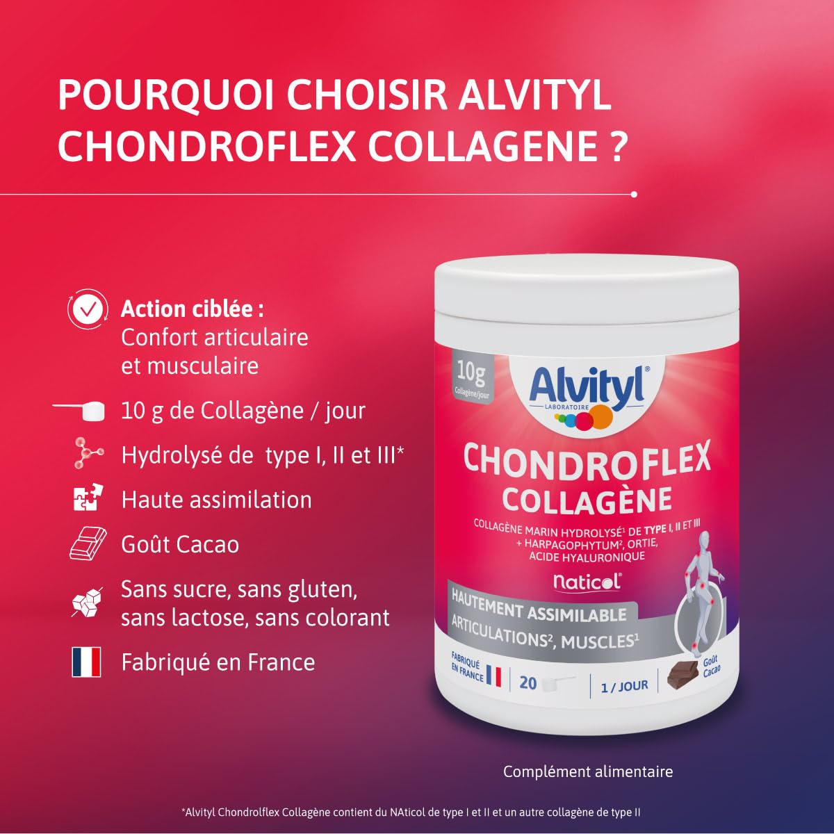 Alvityl Chondroflex - Collagène hydrolysé de Type 1,2 et 3 – Harpagophytum – Acide hyaluronique – Ortie Dioïque- Hautement assimilable – Goût Chocolat - 10,5g par jour – 220 gr