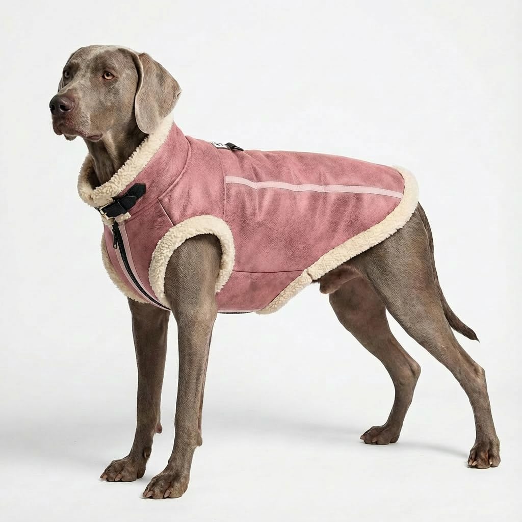 Retro Aviator Dog Jacket – Faux Leather Winter Coats with Sherpa Fleece Lining for Dogs, Windproof Bomber Outfits for Giant Doggy, Boxer & Labrador Costumes for X-Large Girl Pets, Pink, XXXL