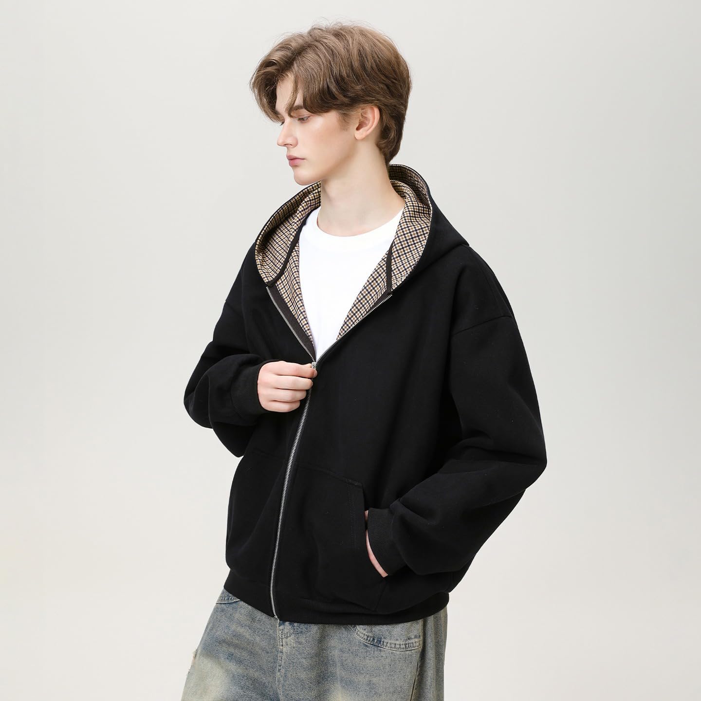 Men's Color-block Casual Letter Embroidery Open-Front Zipper Hooded Spring Fall Jacket