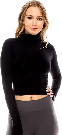Kurve Womens Basic Crop Top Mock Neck Long Sleeve Ribbed Stretch Slim Fitted Turtleneck Cropped T Shirt Made in USA