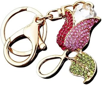 Fashion Red Rose Charm Keychain Flower Key Chain with Key Rings for Purse Handbags Backpack School Bag Women Girls Gifts RED Rose