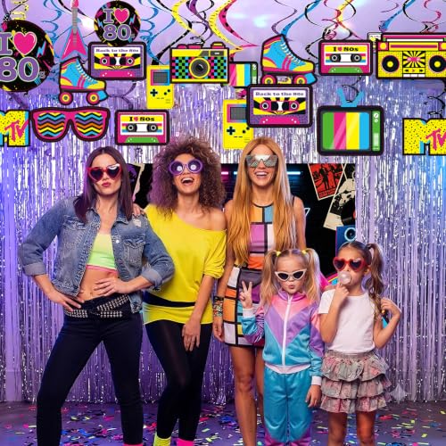 Image of Bessmoso 28PCS 80s Party Decorations - Retro Hanging Swirls & Ceiling Streamers for 1980s Throwback Birthday, Neon Back to The 80's Party Supplies (Pack of 2)