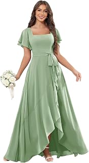 Square Neck Bridesmaid Dresses Ruffle Sleeves High Low Pleated A-Line Chiffon Bow Tie Wedding Guest Dress
