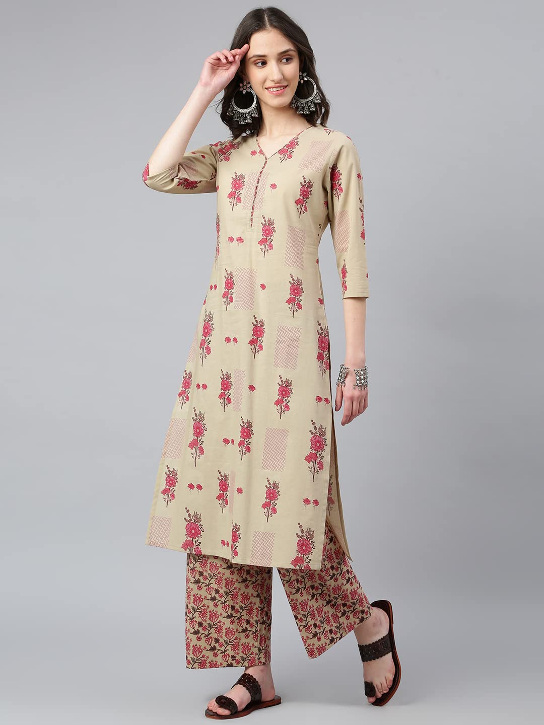Idalia Floral Print Kurta With Jaal Printed Palazzo Pants Beige