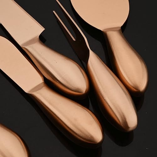 Miniatura 7 de JASHII Juego de 6 cuchillos de queso de acero inoxidable 304 de oro rosa mate para rebanar, cortar y esparcir, mini tenedores de queso de cobre,