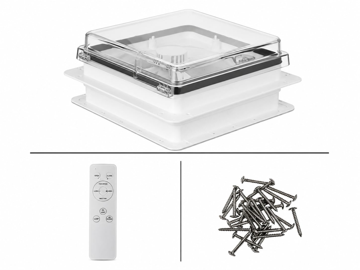 Ventilador de techo para caravanas, Claraboya, Nivel de ruido ultra bajo de escape reversible con sensor de lluvia, ventilador permanente de nivel automático para autocaravana,Transparente