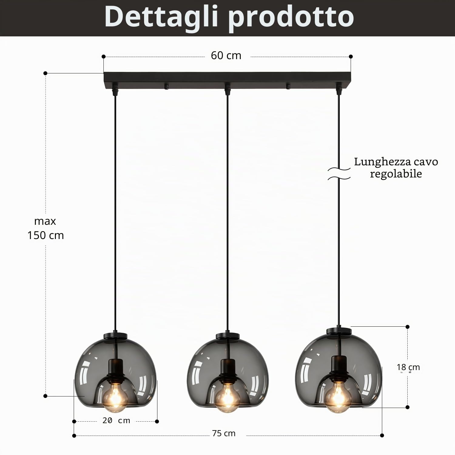Lampada a Sospensione in Vetro Vintage, 3 luci Lampadario da Soffitto Cucina E27, Paralume Vetro Trasparente Nero, Bianco Caldo 3000K Altezza Regolabile per Camera da Letto, Sala Da Pranzo, Kitchen